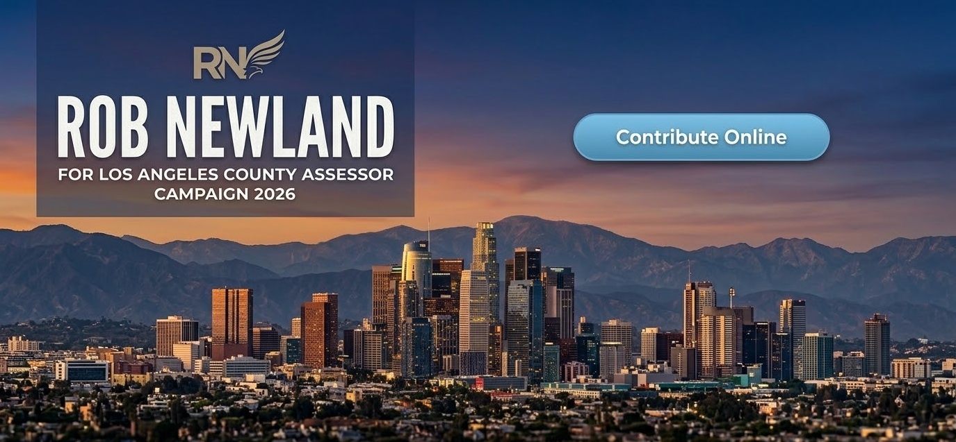 Rob Newland campaign header with Los Angeles skyline and contribute online message